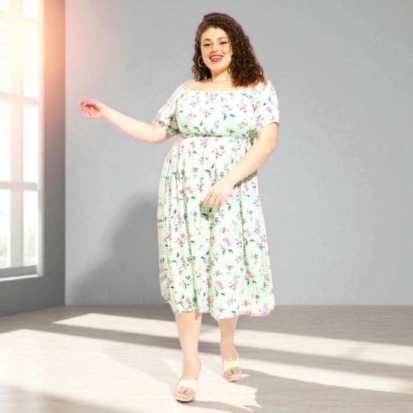 TORRID Retro Chic Midi Gauze Puff Sleeve Green Floral Skater Dress Size 1X - Picture 1 of 16
